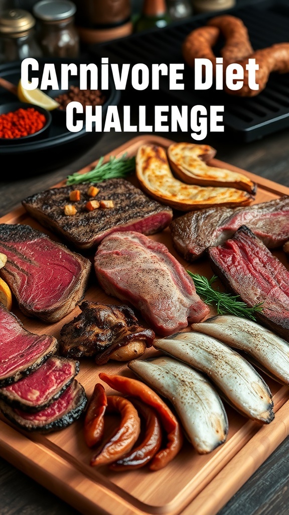 A variety of meats including steaks, bacon, and seafood on a cutting board in a rustic kitchen.